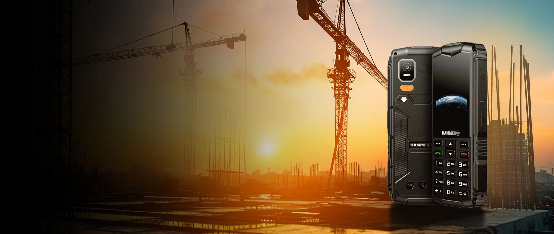 Telefon klawiszowy HAMMER HORIZON LTE na tle budowy